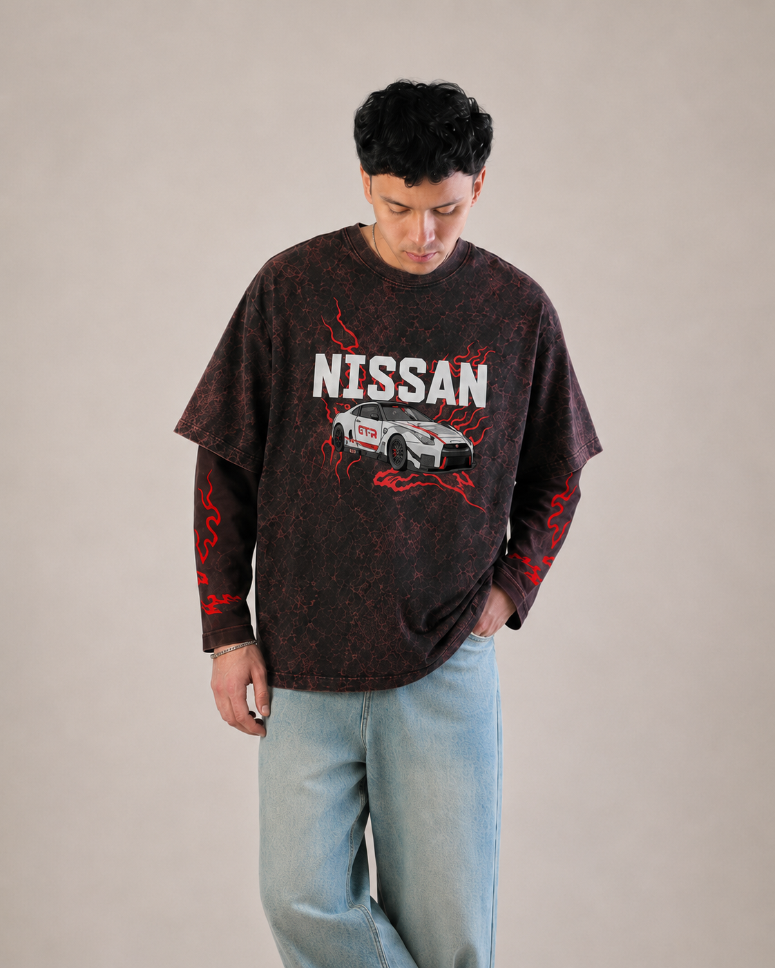 Nissan GT-R GT3 Vintage Acid Wash Layered Full Sleeve T-Shirt