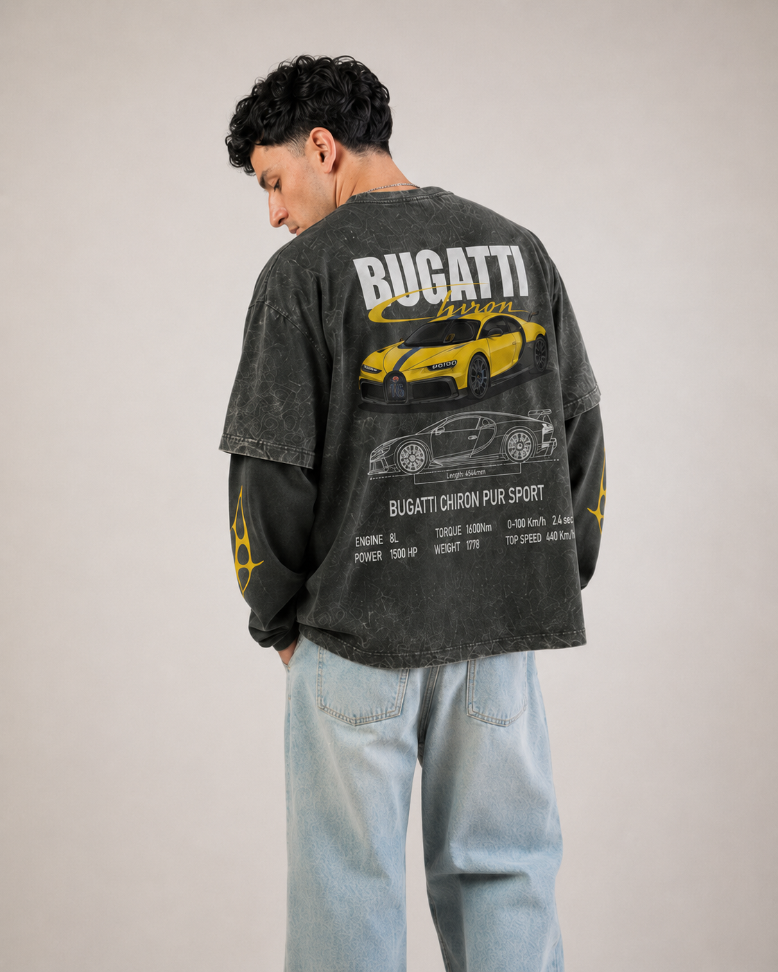 Bugatti Chiron Pur Sport Vintage Wash Layered Full Sleeve T-Shirt