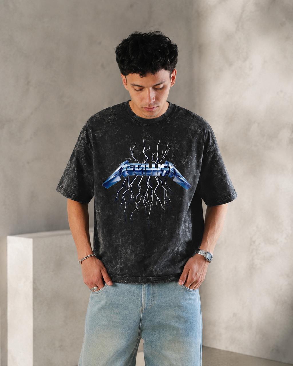 Metallica Flame Demon Boxy Acid Wash Tee