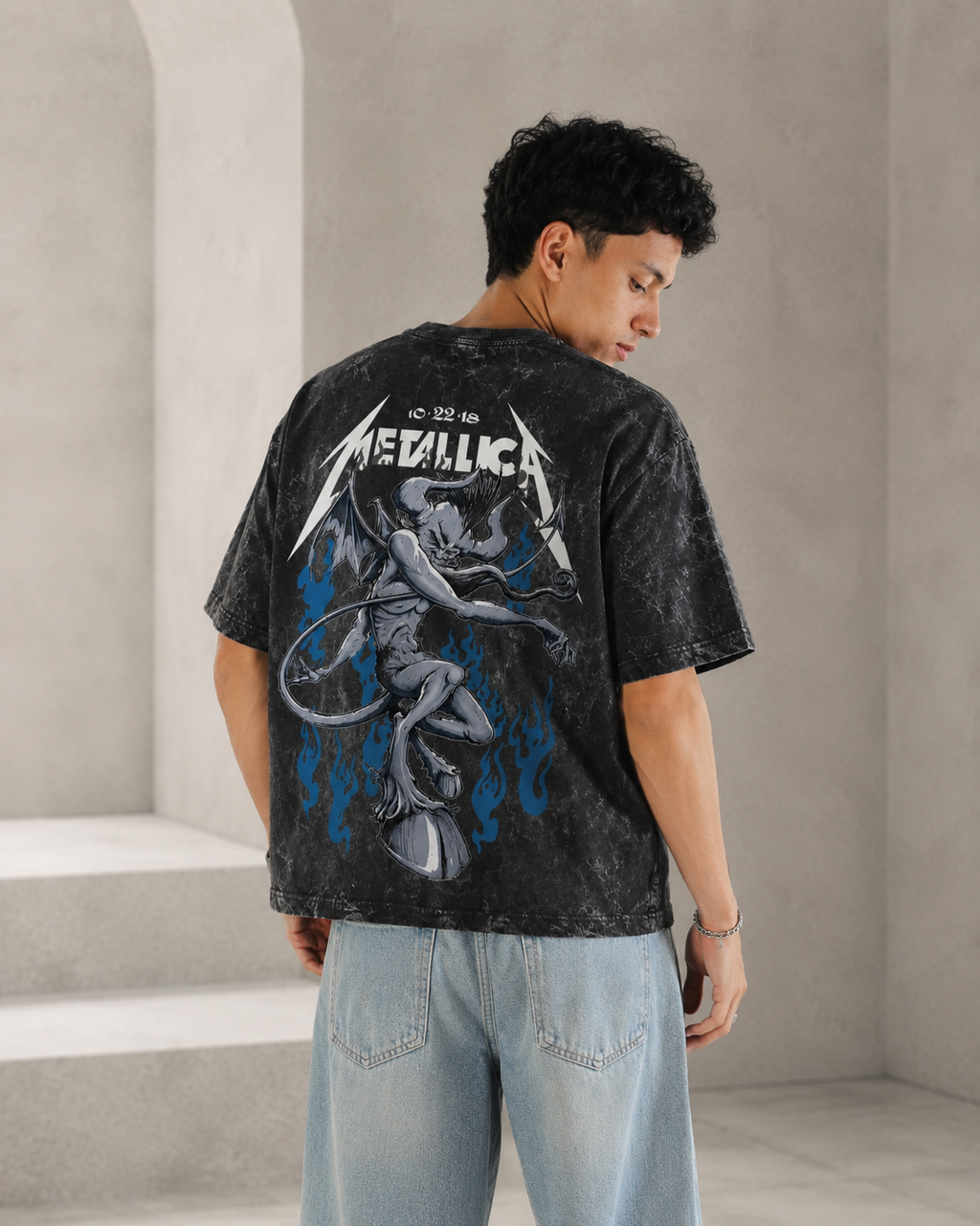 Metallica Flame Demon Boxy Acid Wash Tee