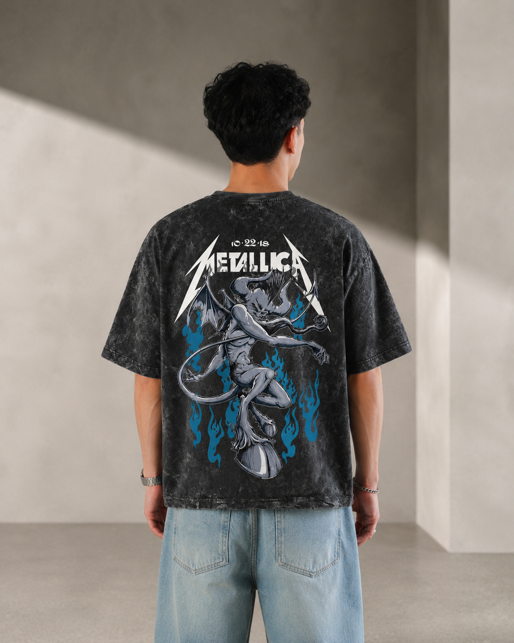 Metallica Flame Demon Boxy Acid Wash Tee