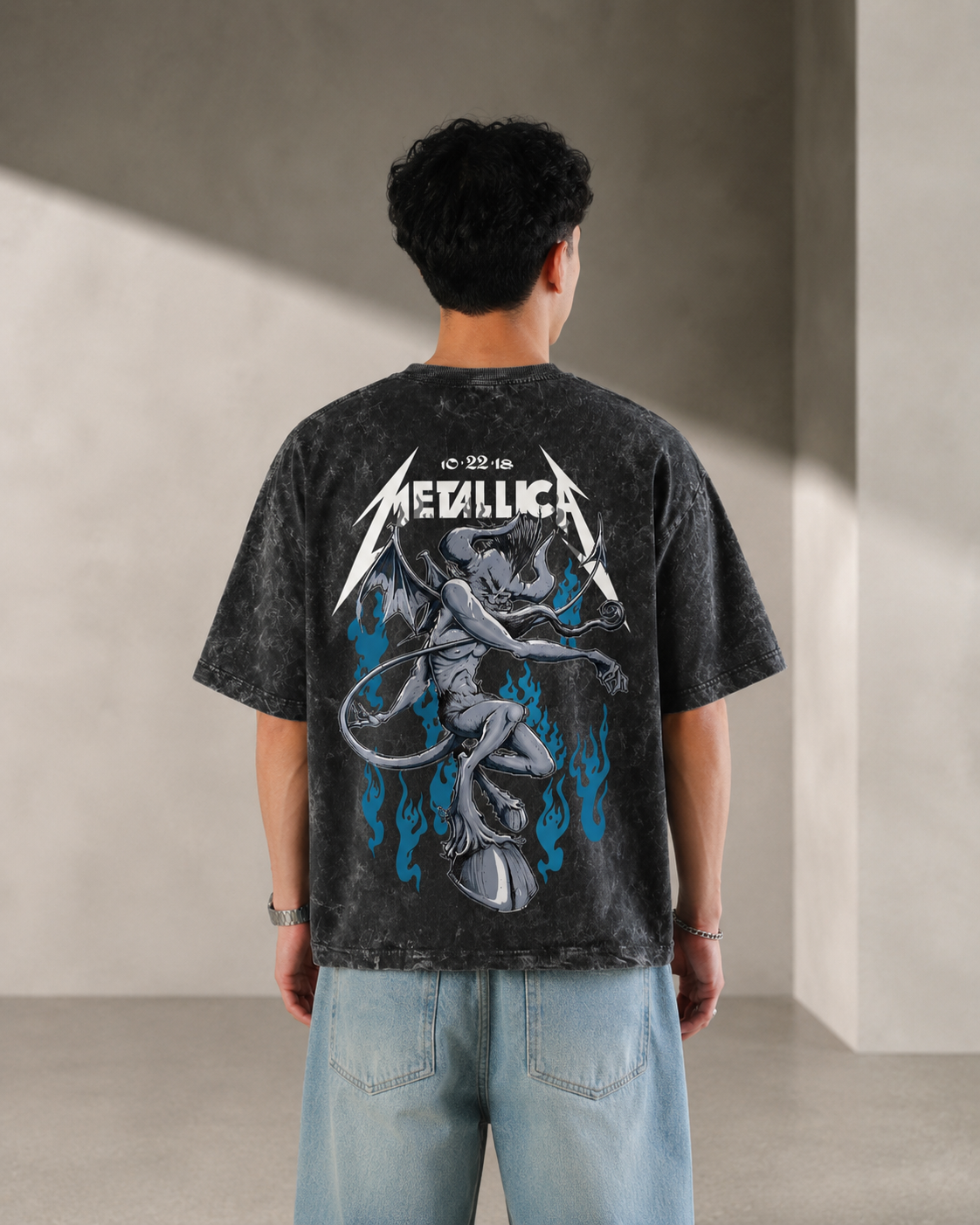 Metallica Flame Demon Boxy Acid Wash Tee