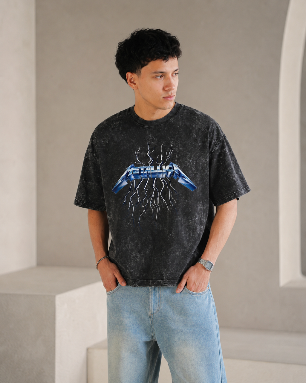 Metallica Flame Demon Boxy Acid Wash Tee