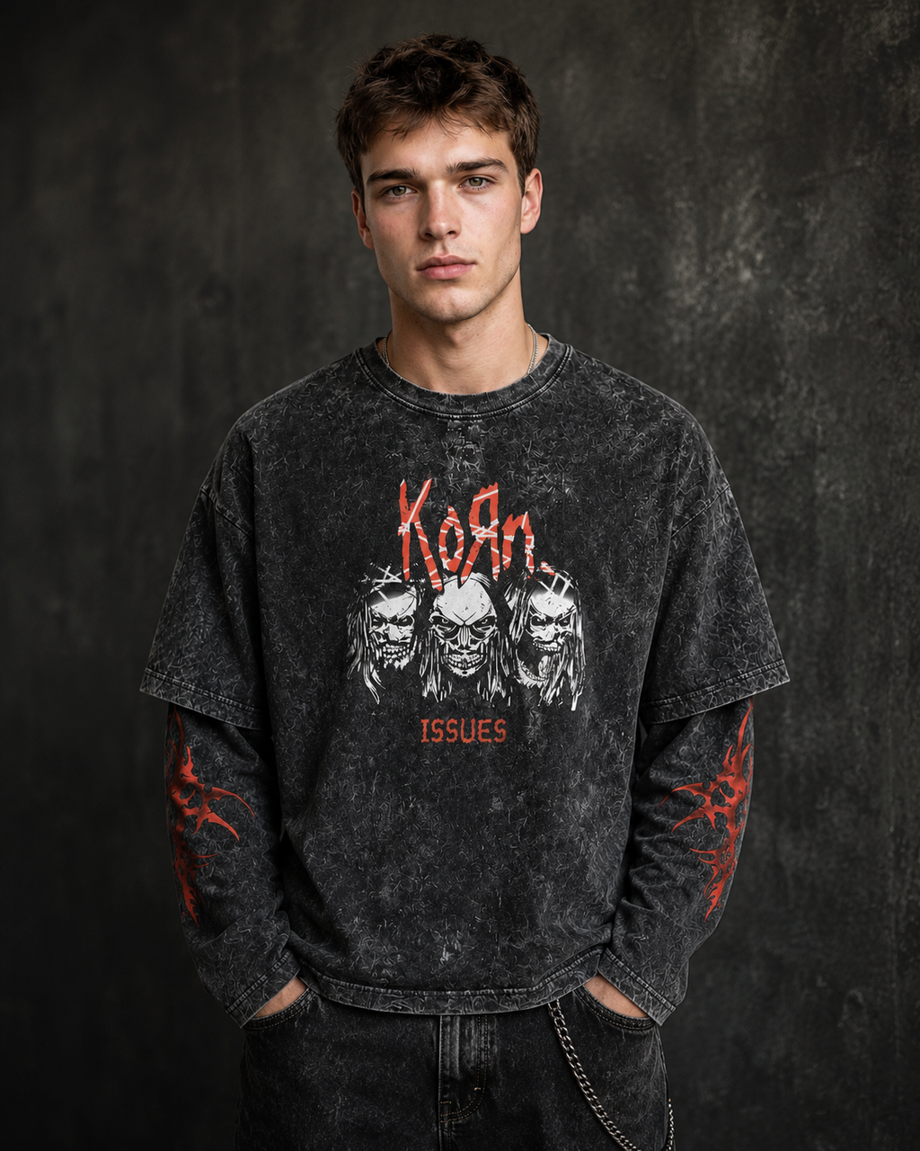 KORN Issues Acid Wash Layered Sleeve Oversized T-Shirt