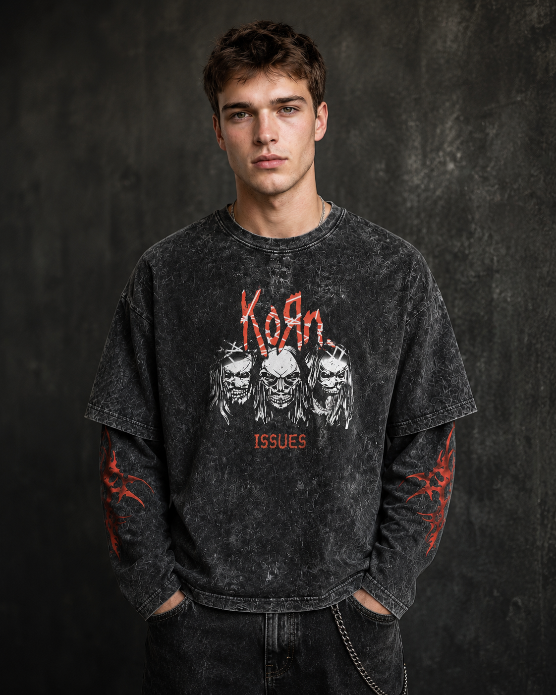 KORN Issues Acid Wash Layered Sleeve Oversized T-Shirt