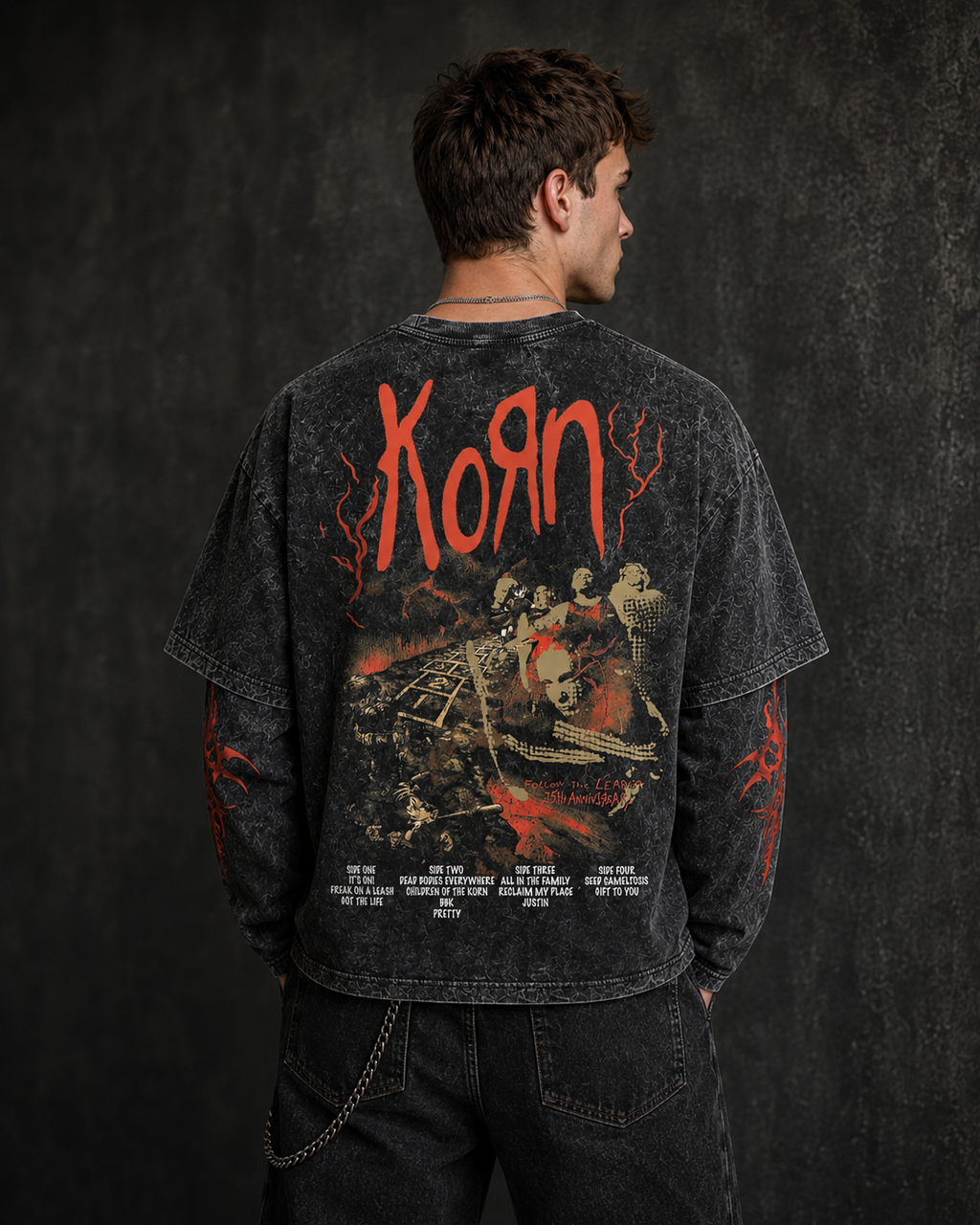 KORN Issues Acid Wash Layered Sleeve Oversized T-Shirt
