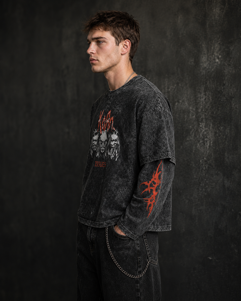 KORN Issues Acid Wash Layered Sleeve Oversized T-Shirt