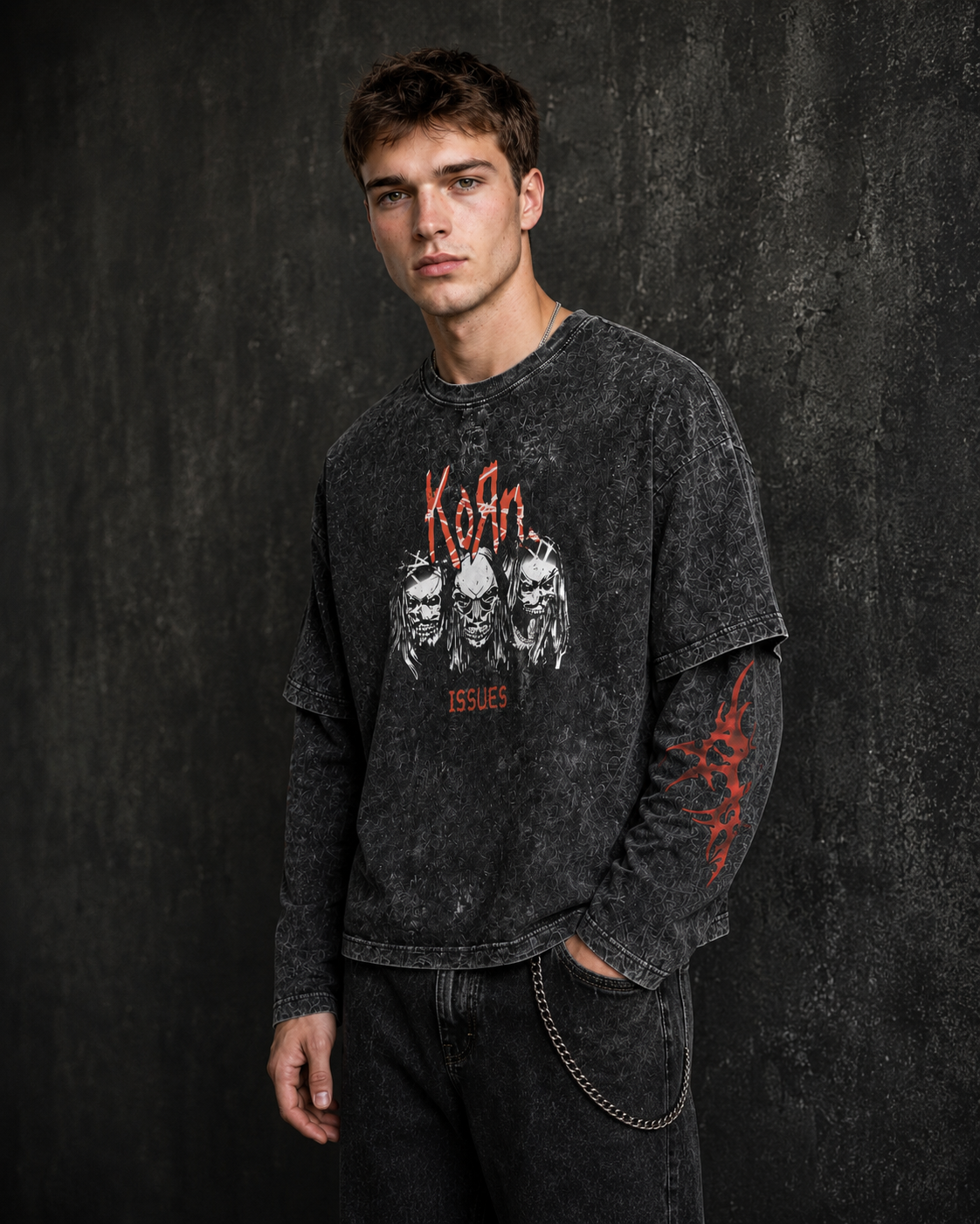 KORN Issues Acid Wash Layered Sleeve Oversized T-Shirt