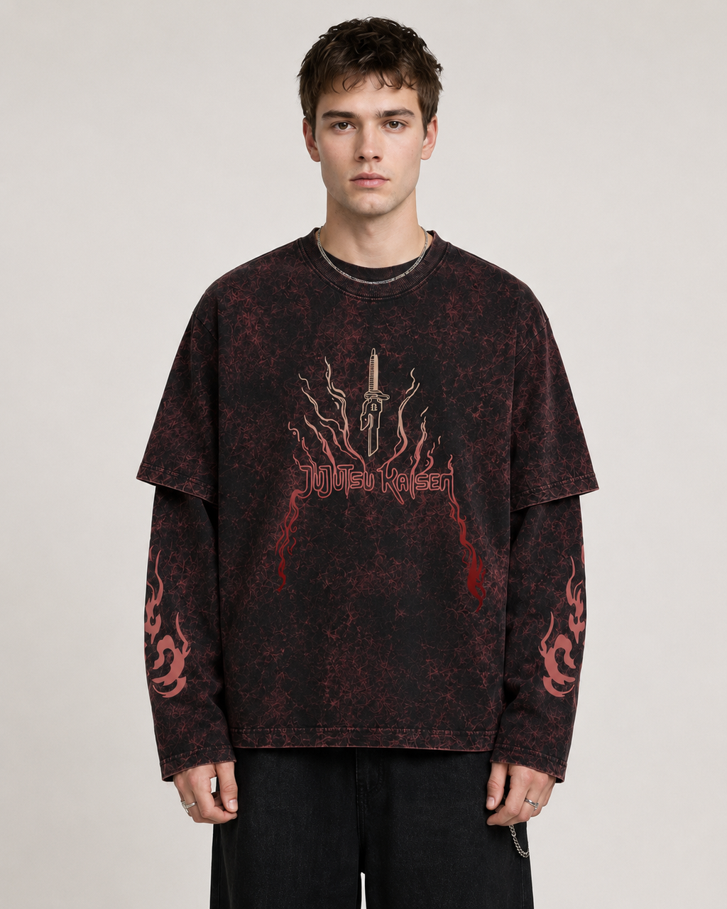 Jujutsu Kaisen Acid Wash Layered Sleeve Oversized T-Shirt