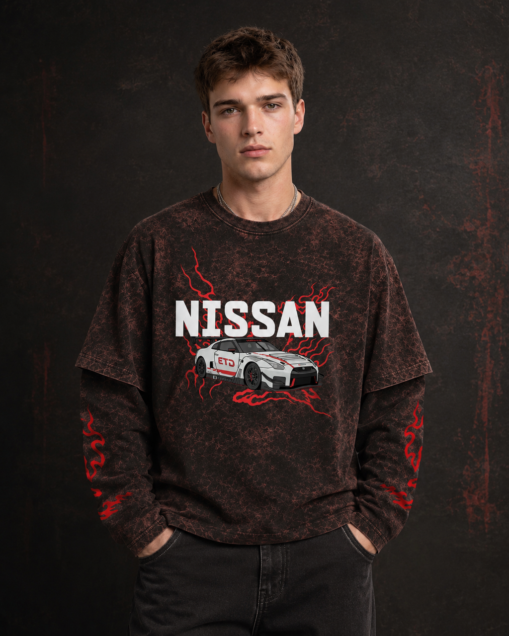 Nissan GT-R GT3 Vintage Acid Wash Layered Full Sleeve T-Shirt