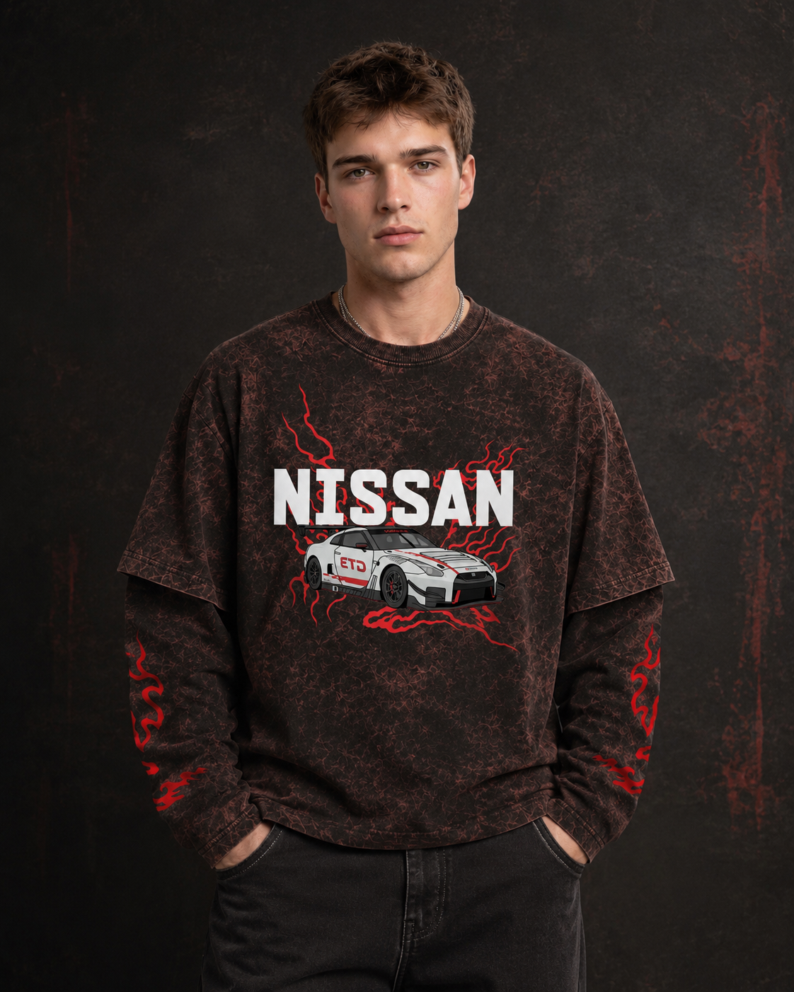 Nissan GT-R GT3 Vintage Acid Wash Layered Full Sleeve T-Shirt