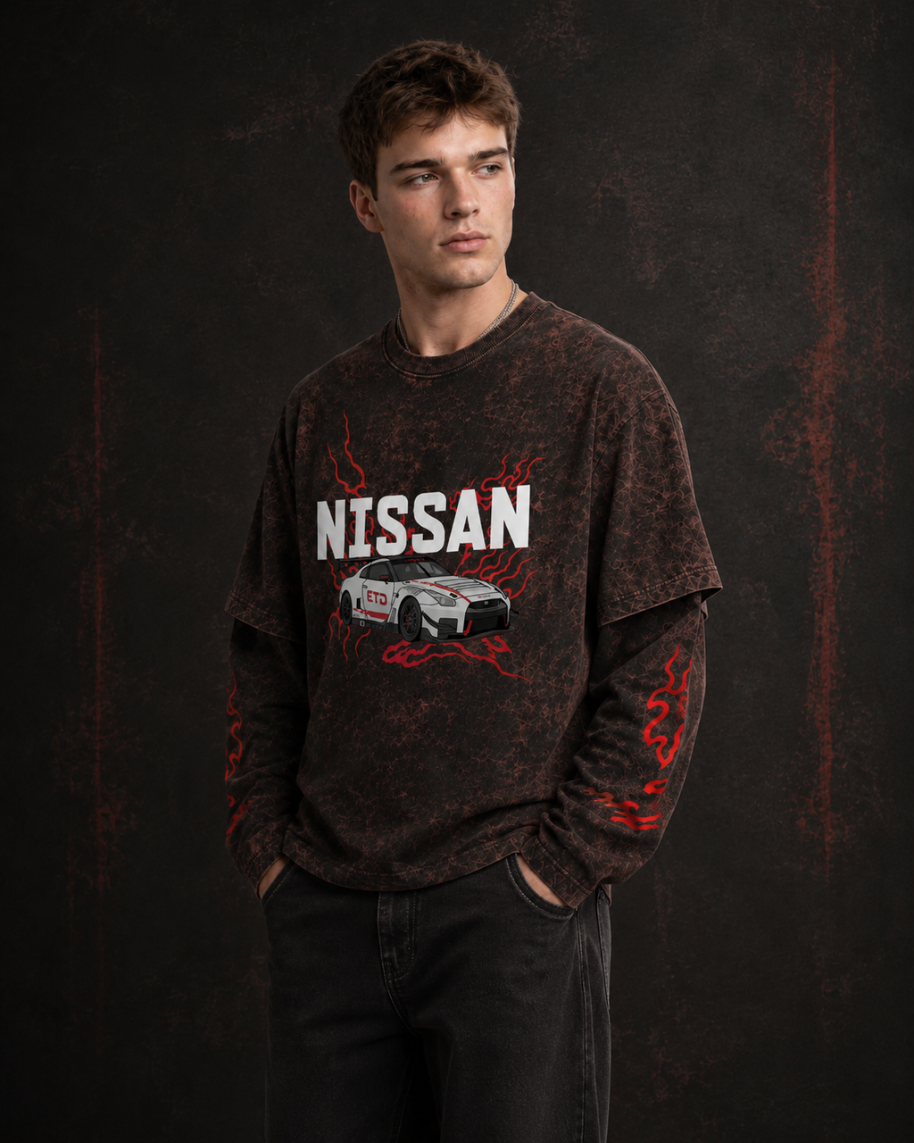 Nissan GT-R GT3 Vintage Acid Wash Layered Full Sleeve T-Shirt