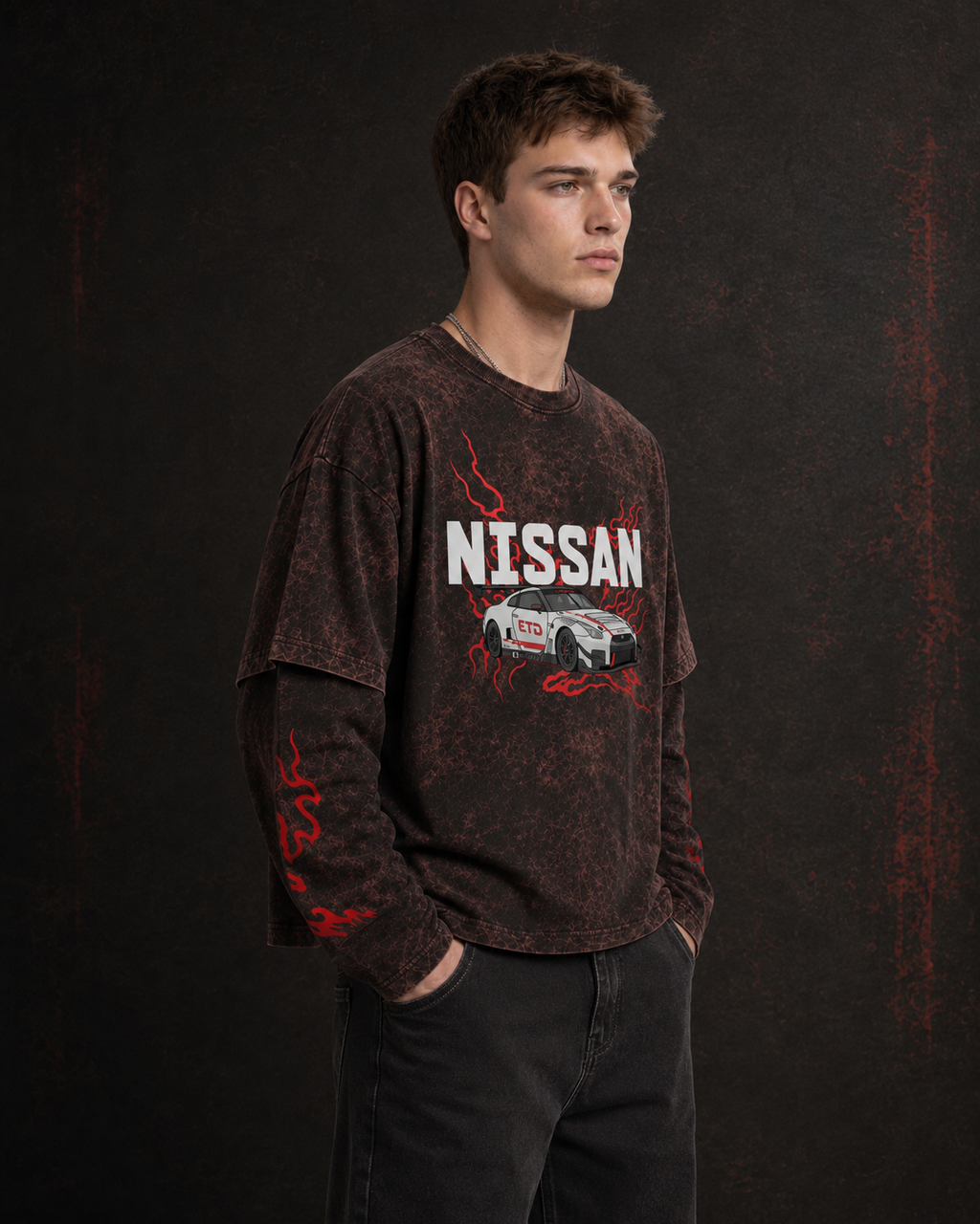 Nissan GT-R GT3 Vintage Acid Wash Layered Full Sleeve T-Shirt