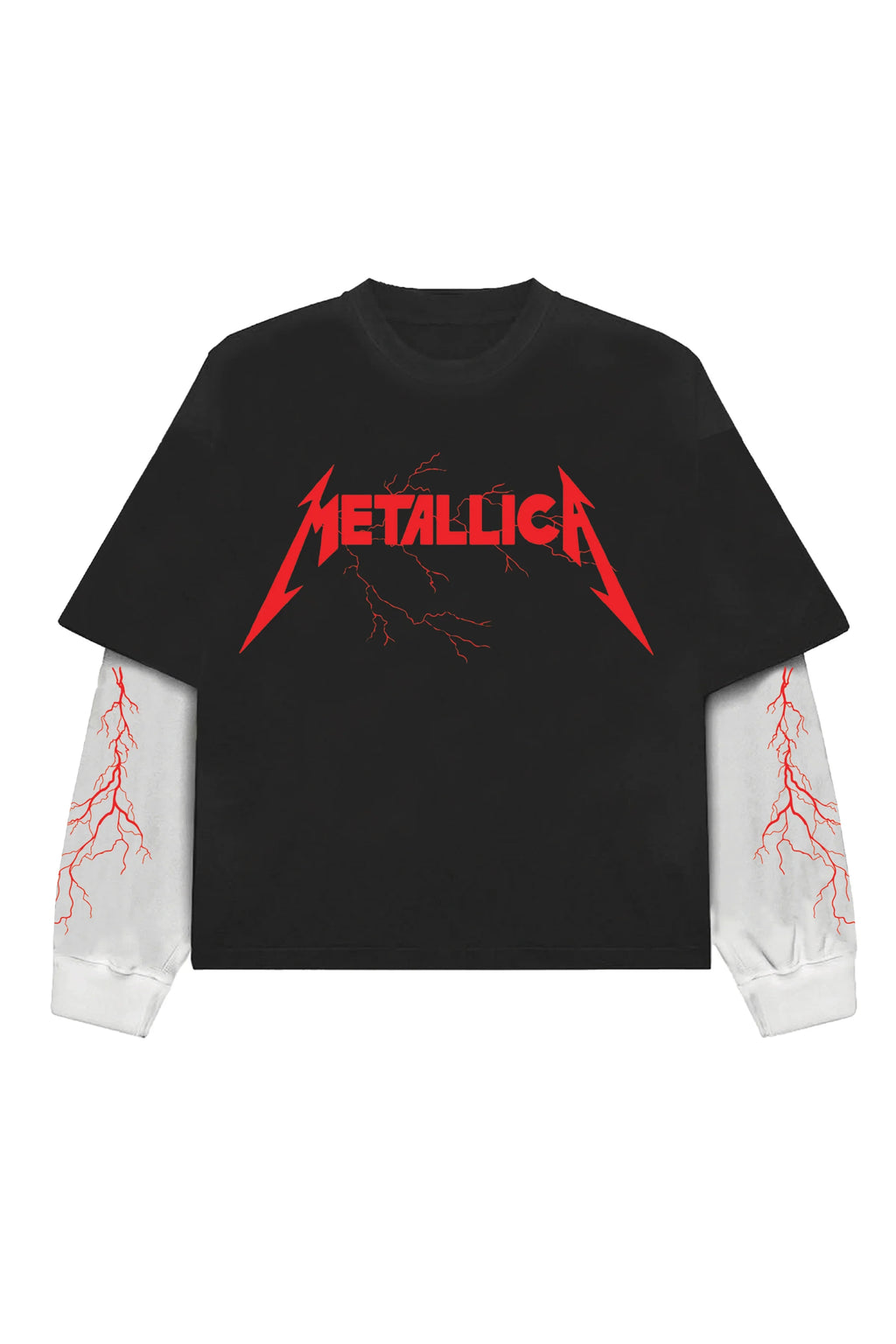 Black and white Metallica LS oversized T-shirt by MB, featuring band logo and relaxed fit, displayed on a plain background.