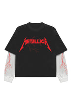 Black and white Metallica LS oversized T-shirt by MB, featuring band logo and relaxed fit, displayed on a plain background.