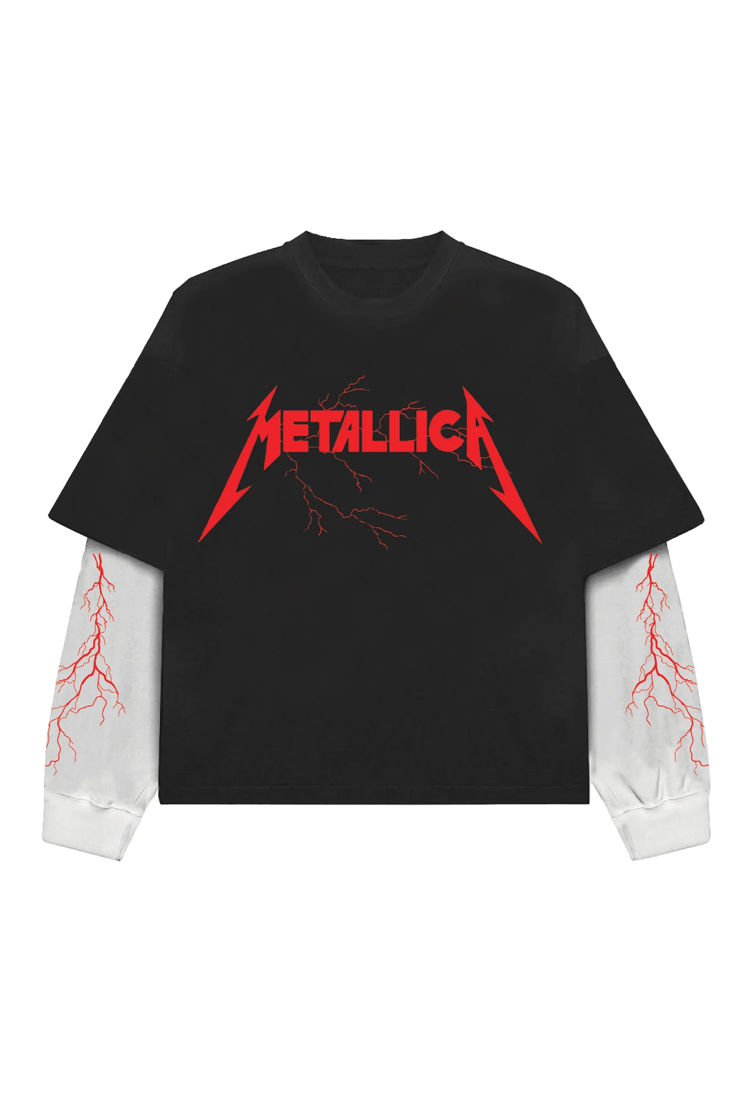 Black and white Metallica LS oversized T-shirt by MB, featuring band logo and relaxed fit, displayed on a plain background.