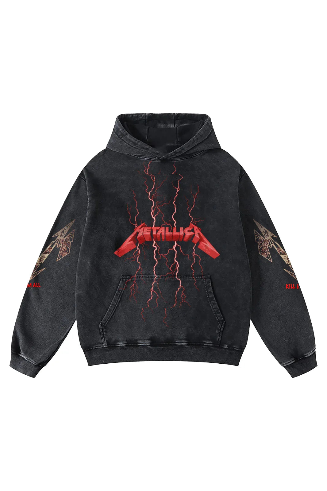 Metallica Electric Thrash Omen acid wash hoodie by Jnorss featuring a distressed design, with a hood and long sleeves displayed on a mockup.