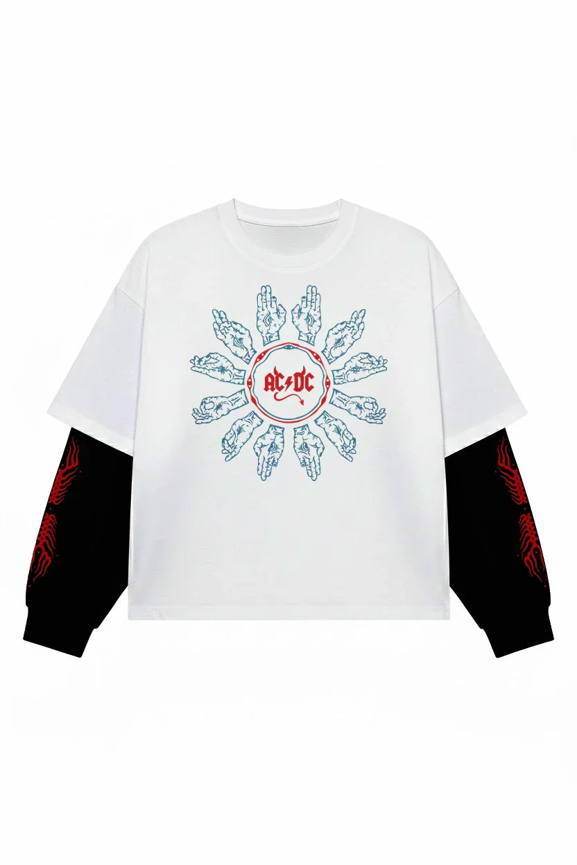 White and black oversized ACDC Bolt Rage ’79 LS T-shirt by Jnorss displayed flat on a mockup background.