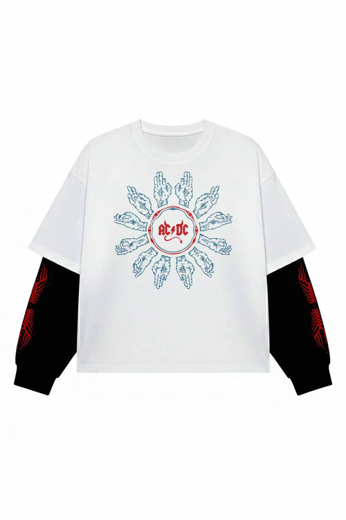 White and black oversized ACDC Bolt Rage ’79 LS T-shirt by Jnorss displayed flat on a mockup background.