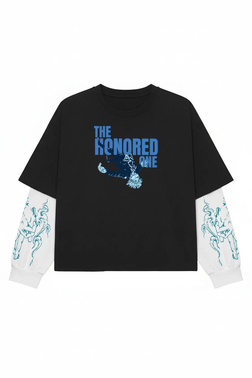 Black and white Jujutsu Kaisen Gojo’s Wrath LS Tee with graphic design, featuring a stylish long-sleeve shirt from Jnorss.