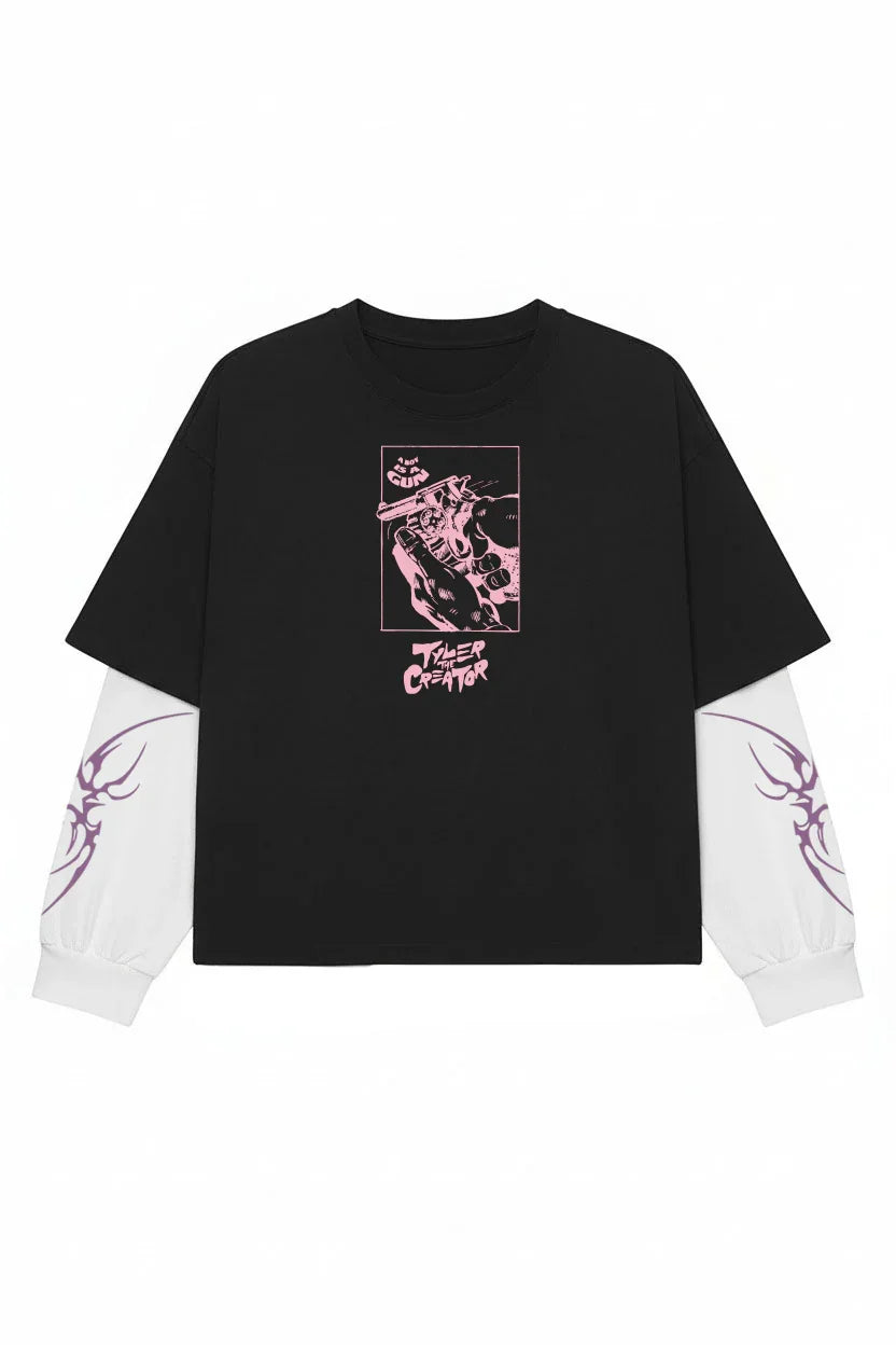 Black and white Tyler The Creator No Fear LS Tee by Jnorss featuring graphic print on the front.