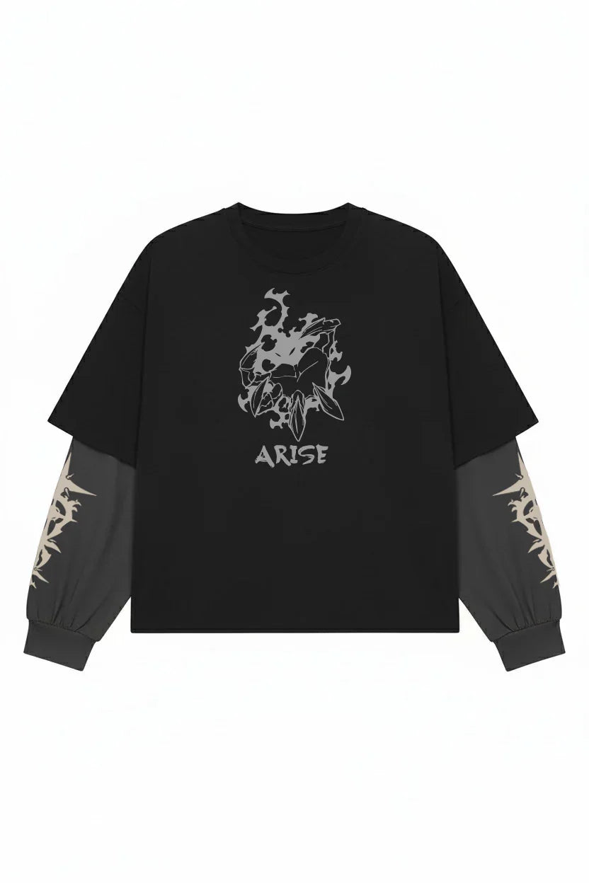 Black and grey Solo Leveling Sung Jin-Woo Arise LS Tee by Jnorss, featuring a graphic print of Sung Jin-Woo in a dynamic pose.