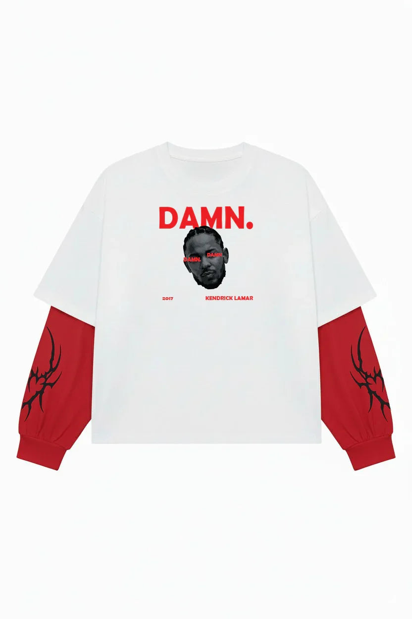 White and red Kendrick Lamar DAMN Legacy LS Tee by Jnorss featuring a graphic print on the front.