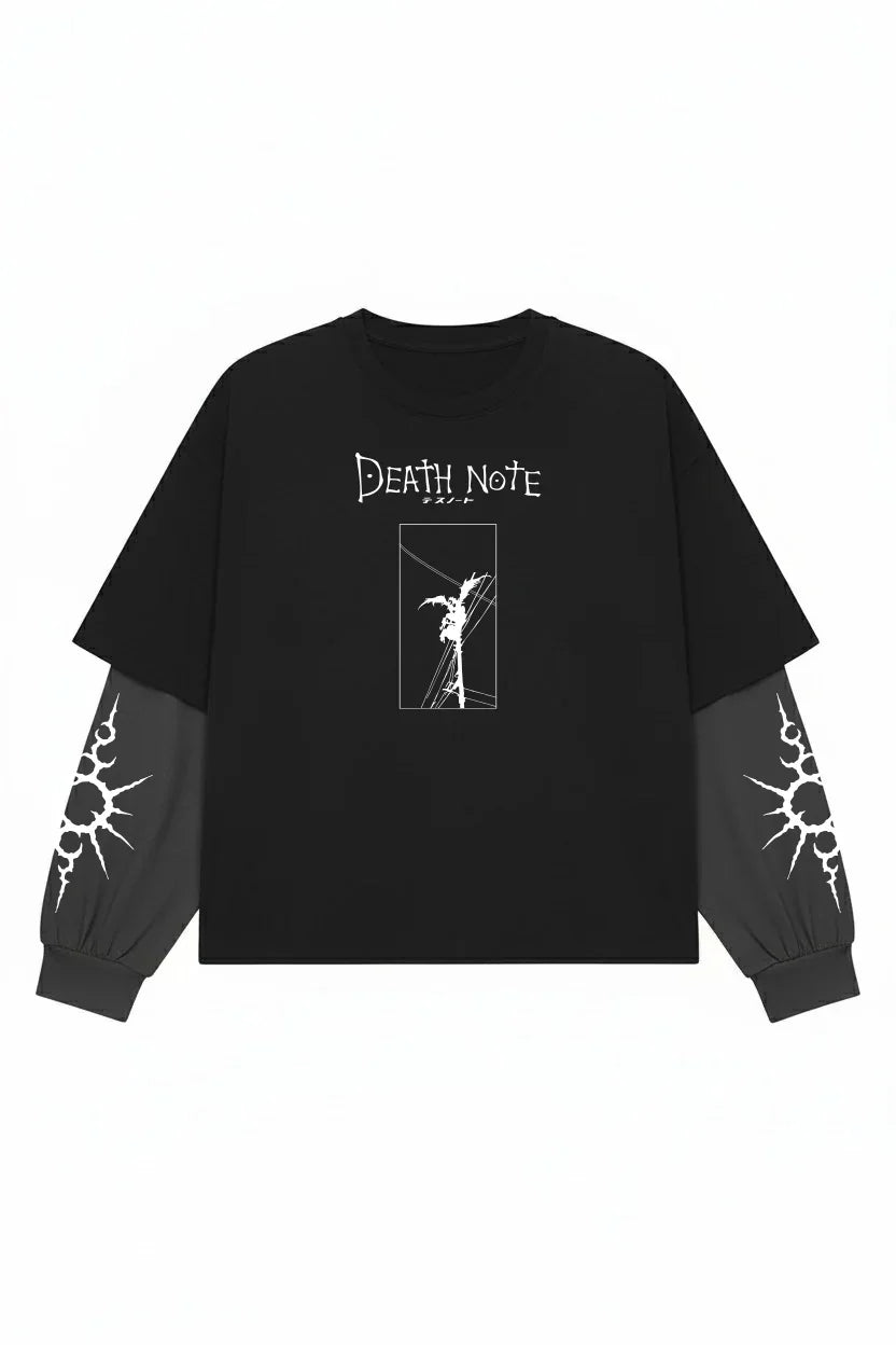 Black and grey Death Note Shinigami Shadow LS Tee by Jnorss featuring a graphic design on the front.