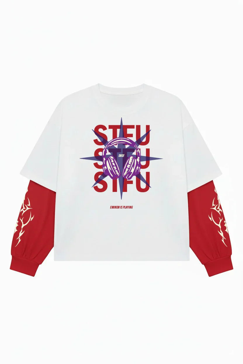 White and red Eminem STFU Sessions LS Tee by Jnorss, featuring bold graphic design on long sleeve cotton shirt.