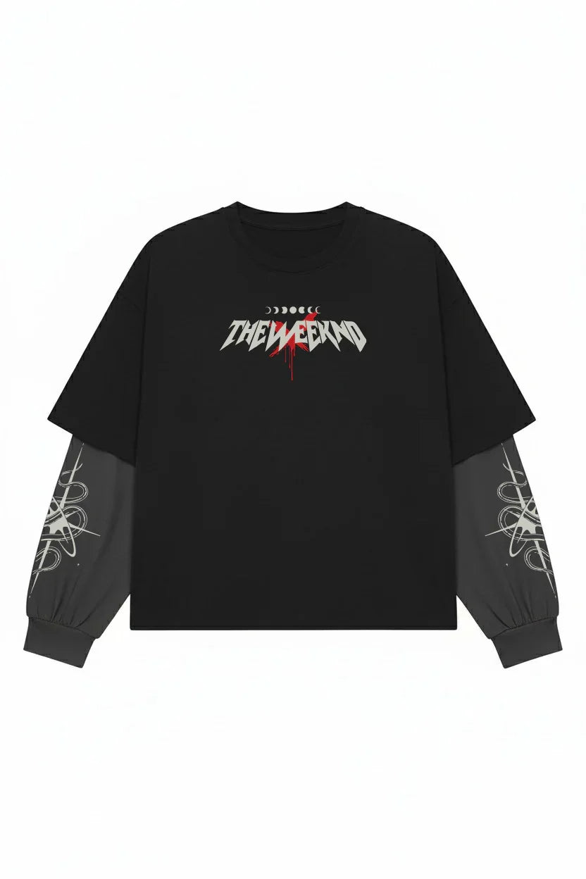 Black and grey The Weeknd XO Eclipse LS T-shirt by Jnorss, featuring a stylish graphic design on the front.