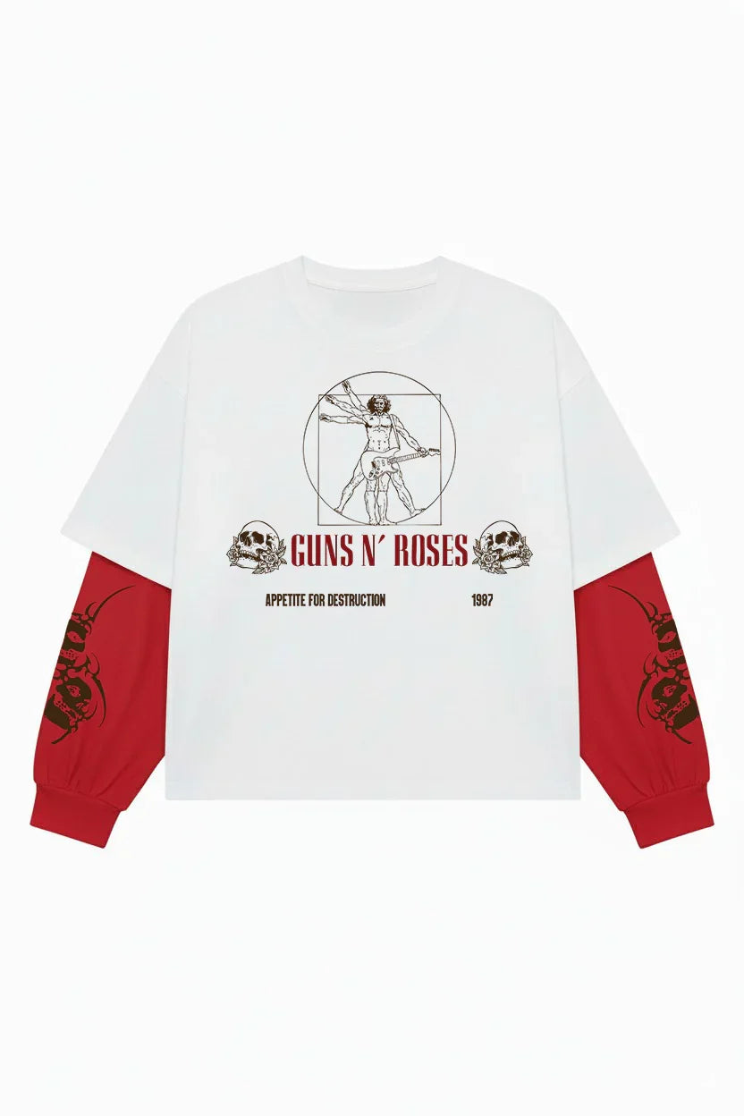 White and red Guns N’ Roses Sweet Destruction long-sleeve tee by Jnorss, featuring band logo on the front.