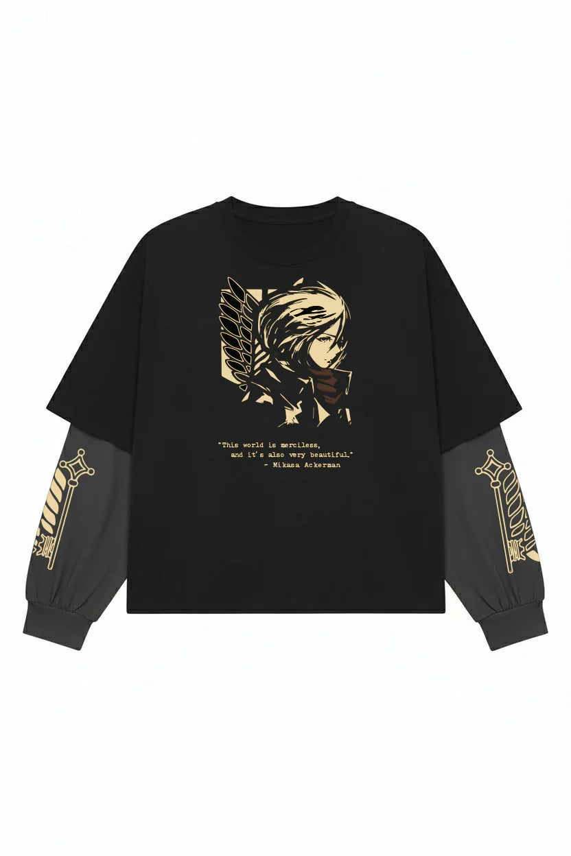 Black and grey Attack on Titan Wings of Mikasa LS Tee by Jnorss, featuring detailed manga-inspired artwork on the front.