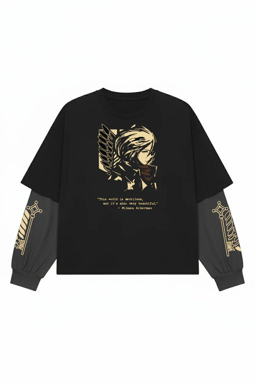 Black and grey Attack on Titan Wings of Mikasa LS Tee by Jnorss, featuring detailed manga-inspired artwork on the front.