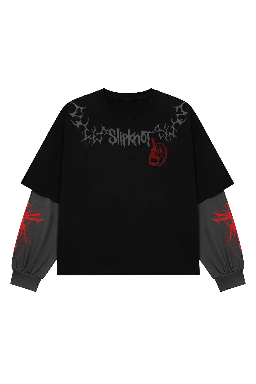 Black and grey Slipknot Barcode Carnage long-sleeve t-shirt by Jnorss, featuring bold graphic design on the front.