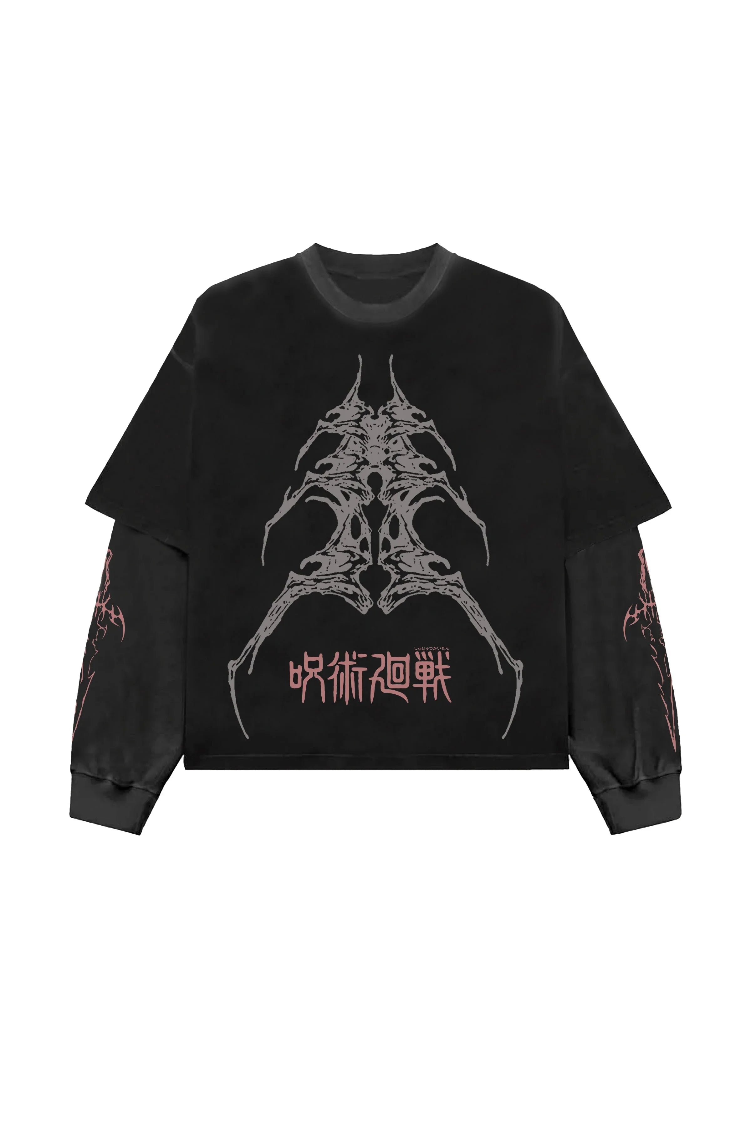Black and grey Sukuna-designed long sleeve T-shirt by Jnorss featuring bold graphic artwork on the front.