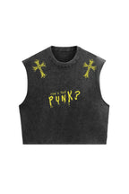 Acid wash punk vintage oversized vest by MB featuring distressed fabric and a relaxed fit, styled with edgy fashion elements.
