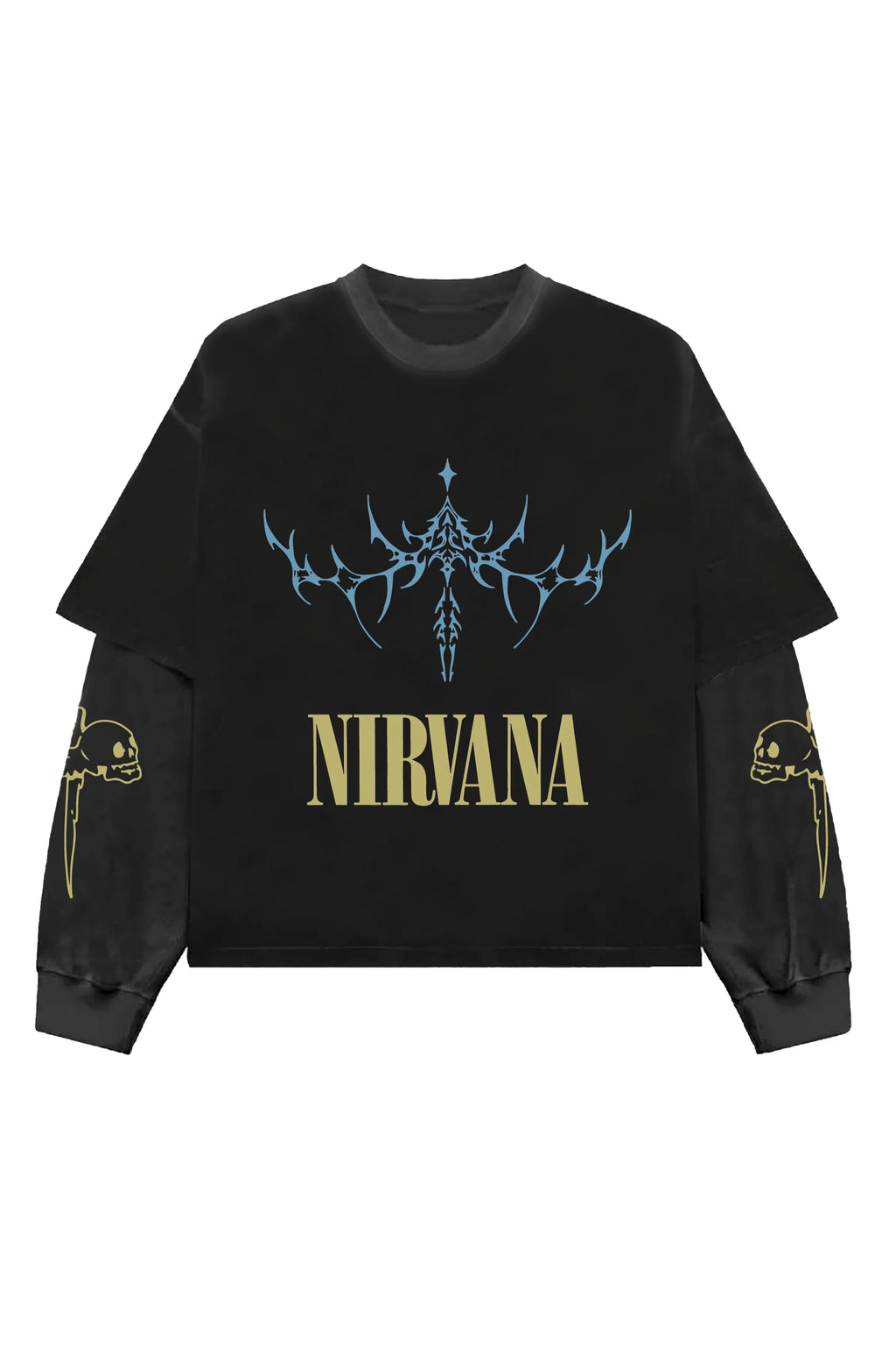 Black and grey Nirvana LS Oversized Tee by MB, showing the relaxed fit and soft fabric, styled on a plain background