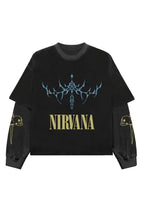 Black and grey Nirvana LS Oversized Tee by MB, showing the relaxed fit and soft fabric, styled on a plain background