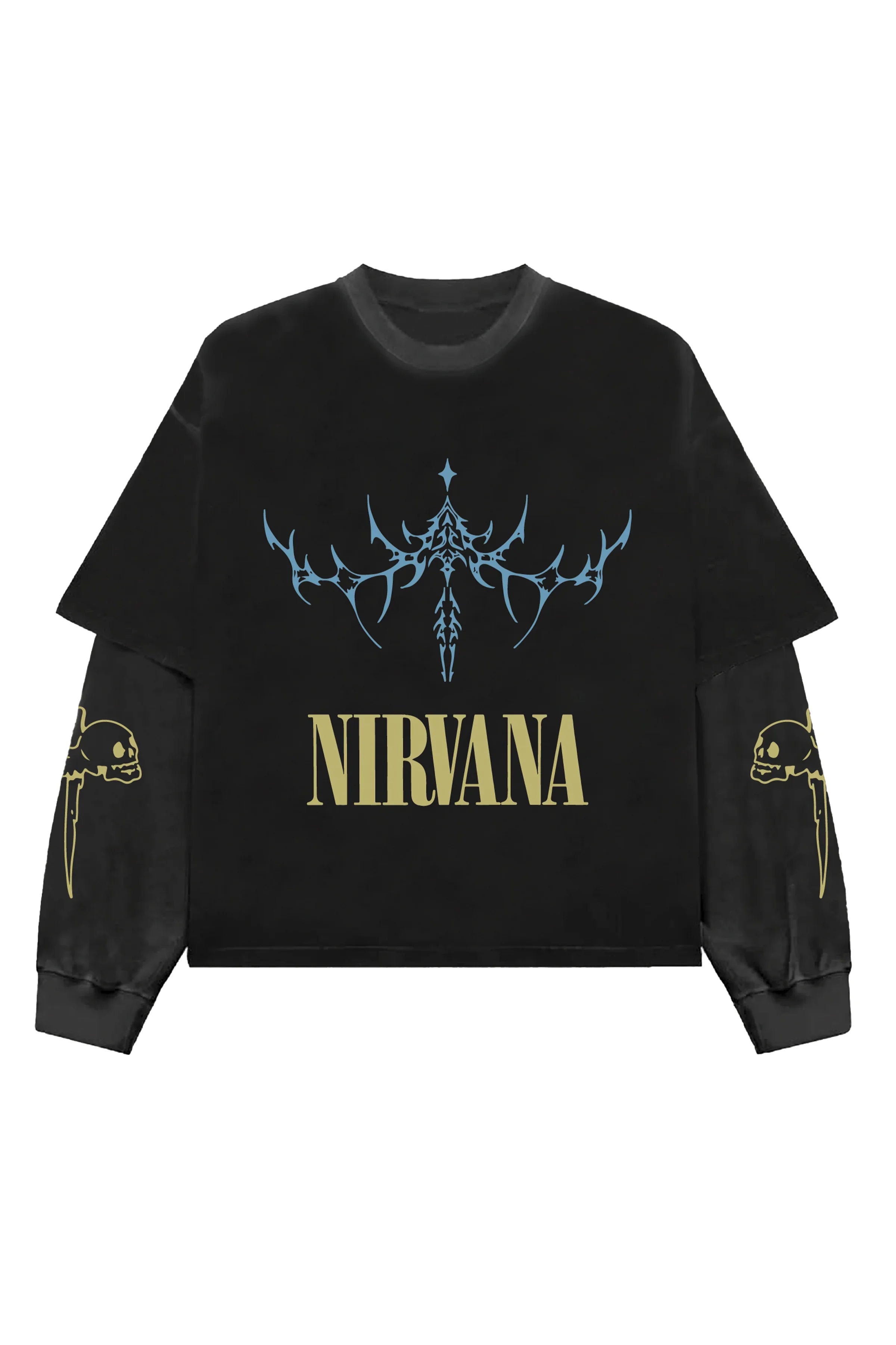Black and grey Nirvana LS Oversized Tee by MB, showing the relaxed fit and soft fabric, styled on a plain background