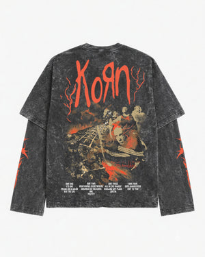 KORN Issues Acid Wash Layered Sleeve Oversized T-Shirt