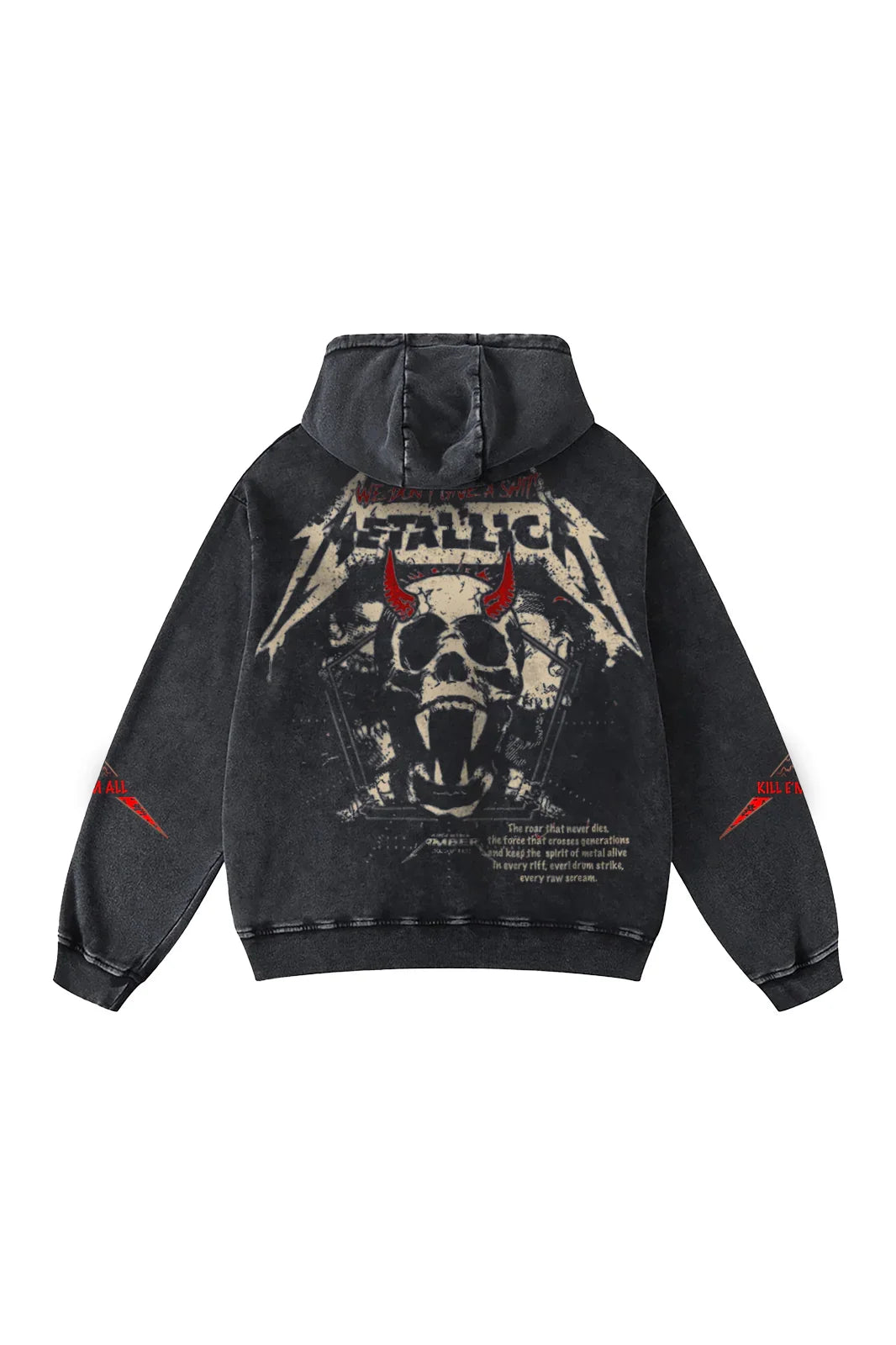 Jnorss Metallica Electric Thrash Omen acid wash hoodie in black with distressed, faded fabric and metal band graphic on front.