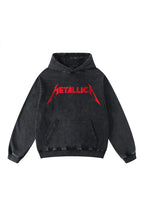 Metallica Crimson Coil acid wash hoodie by Jnorss showing front view with metallic graphic design and distressed fabric detail.