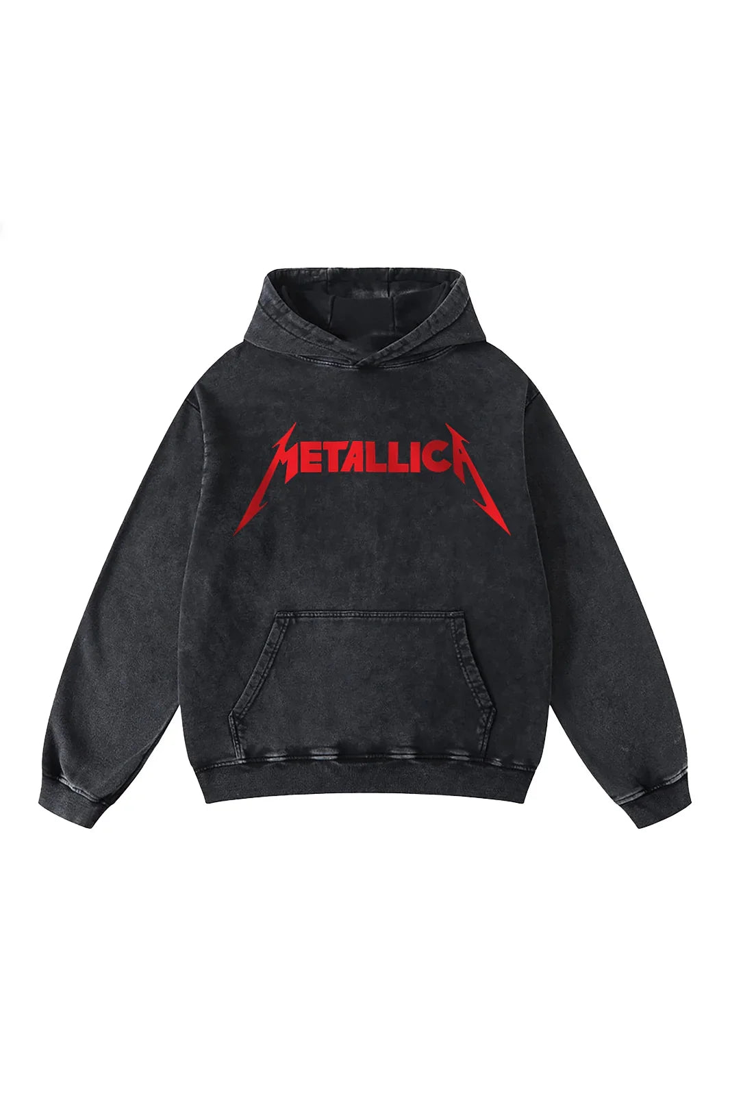 Metallica Crimson Coil acid wash hoodie by Jnorss showing front view with metallic graphic design and distressed fabric detail.
