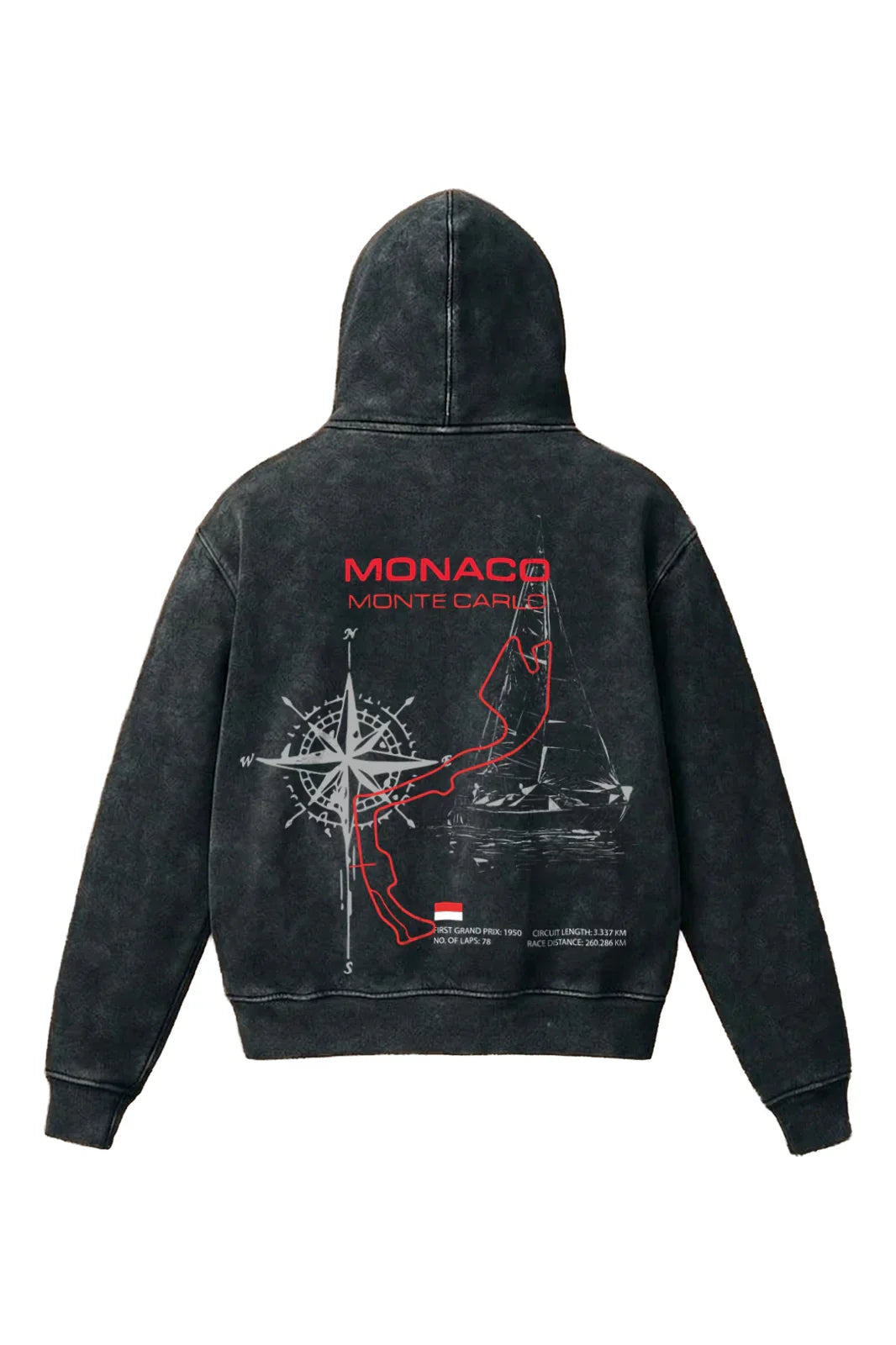 Jnorss Monaco Monte Carlo Afterdark acid wash hoodie, front view showing casual fit and faded blue fabric.