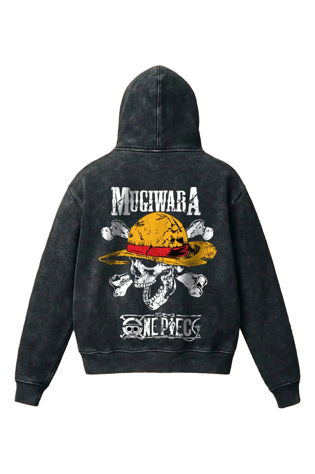 Acid wash hoodie featuring One Piece Mugiwara Death Flag design by Jnorss, with bold graphic print on the front.