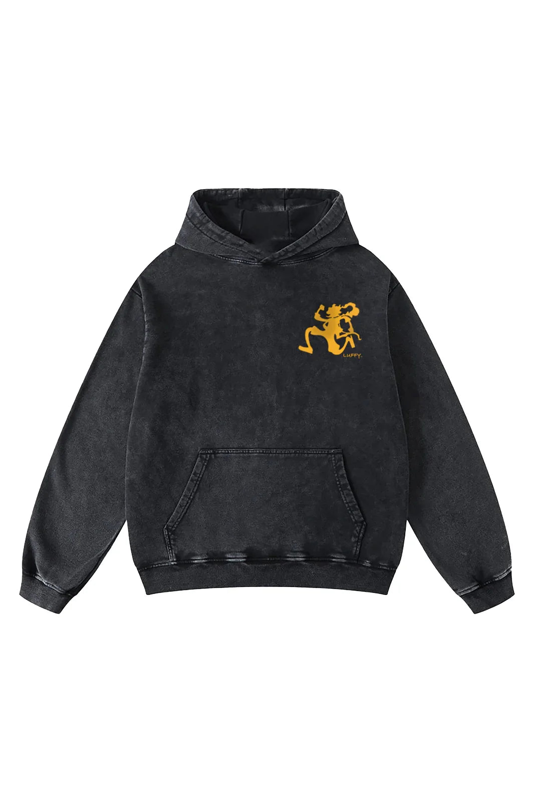 Acid wash hoodie featuring One Piece Mugiwara Death Flag design by Jnorss, displayed on a mannequin.