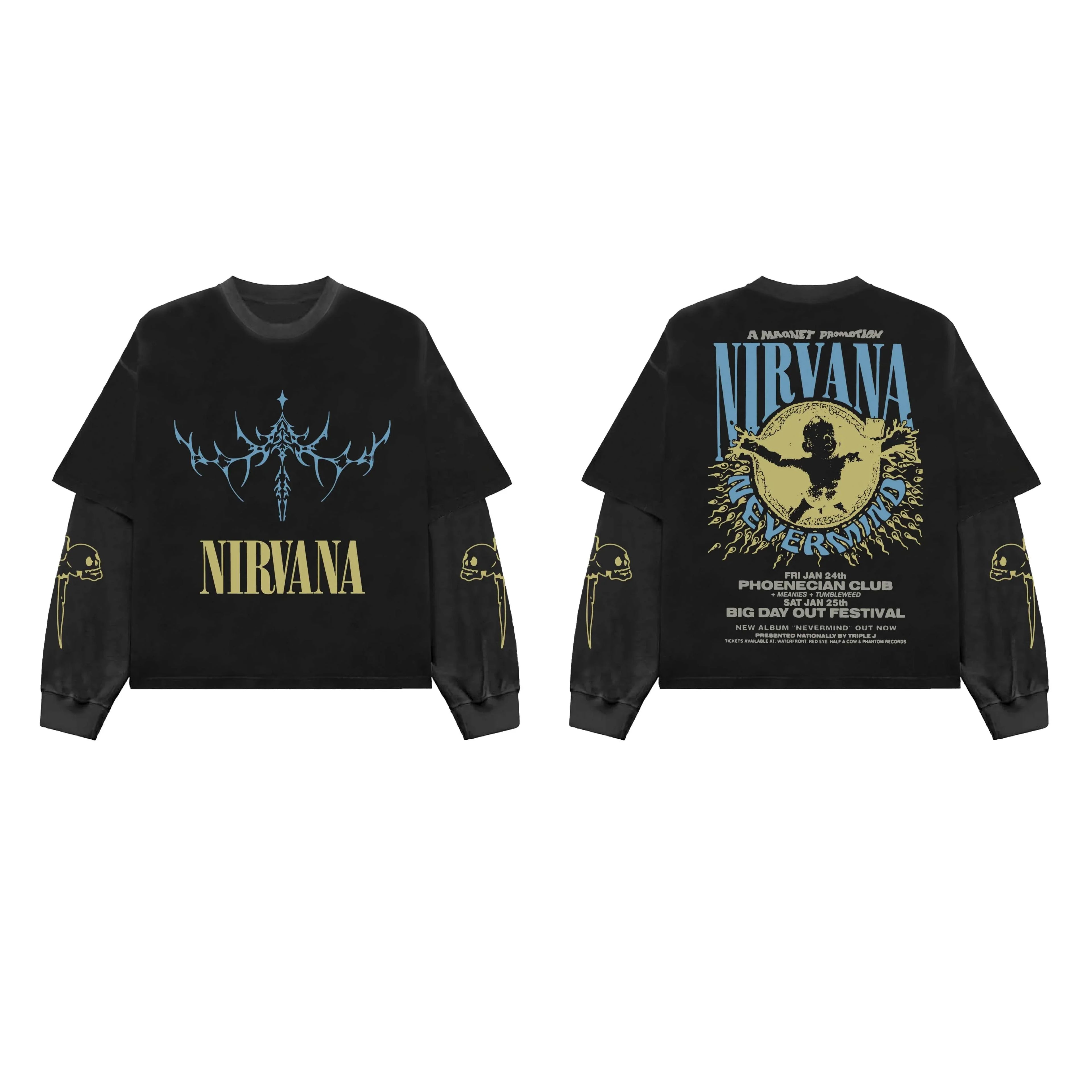 Black and grey Nirvana LS Oversized Tee by MB, showing the relaxed fit and casual style of the long-sleeve graphic t-shirt.