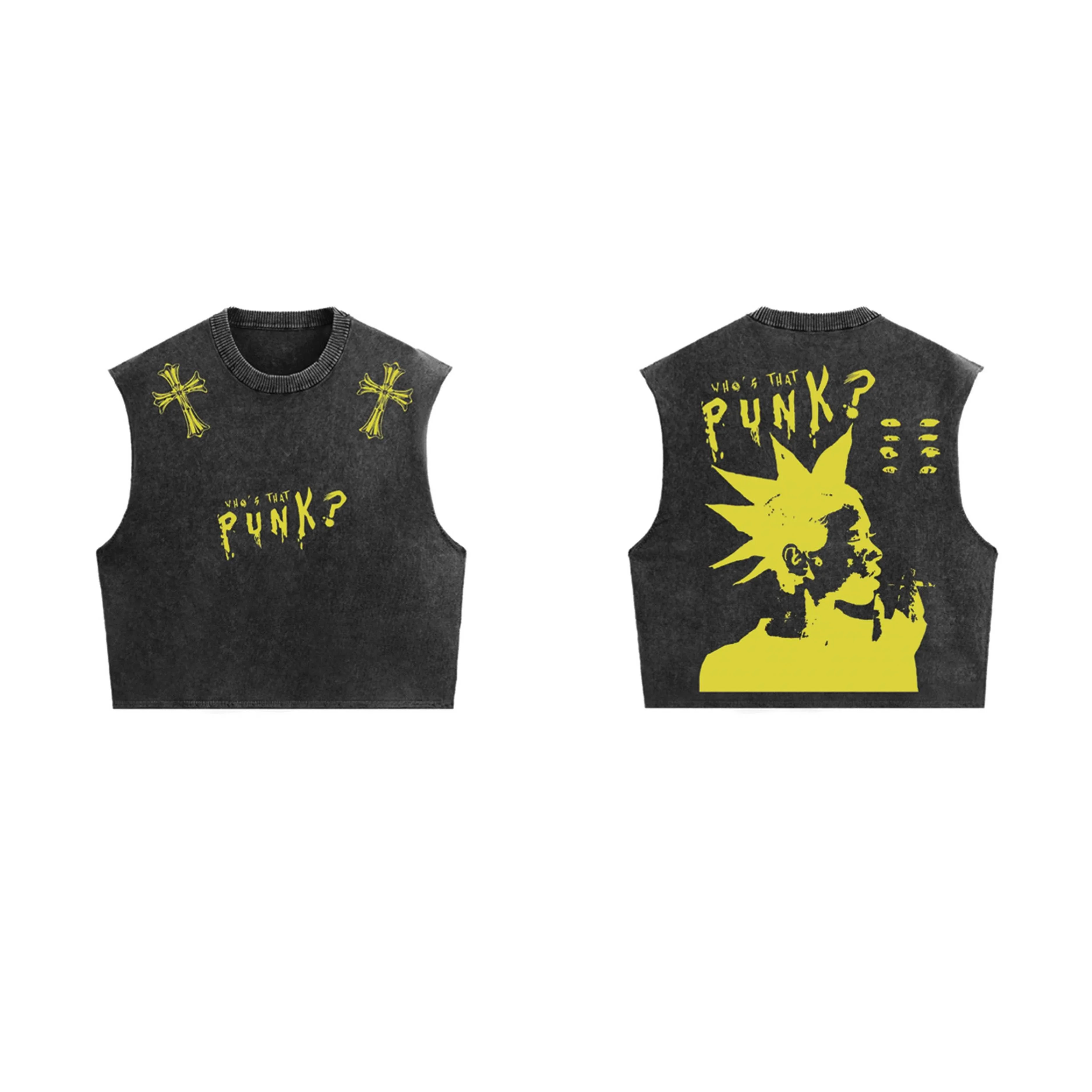 Acid wash punk vintage oversized vest by MB, featuring a distressed look and classic sleeveless design for edgy style.