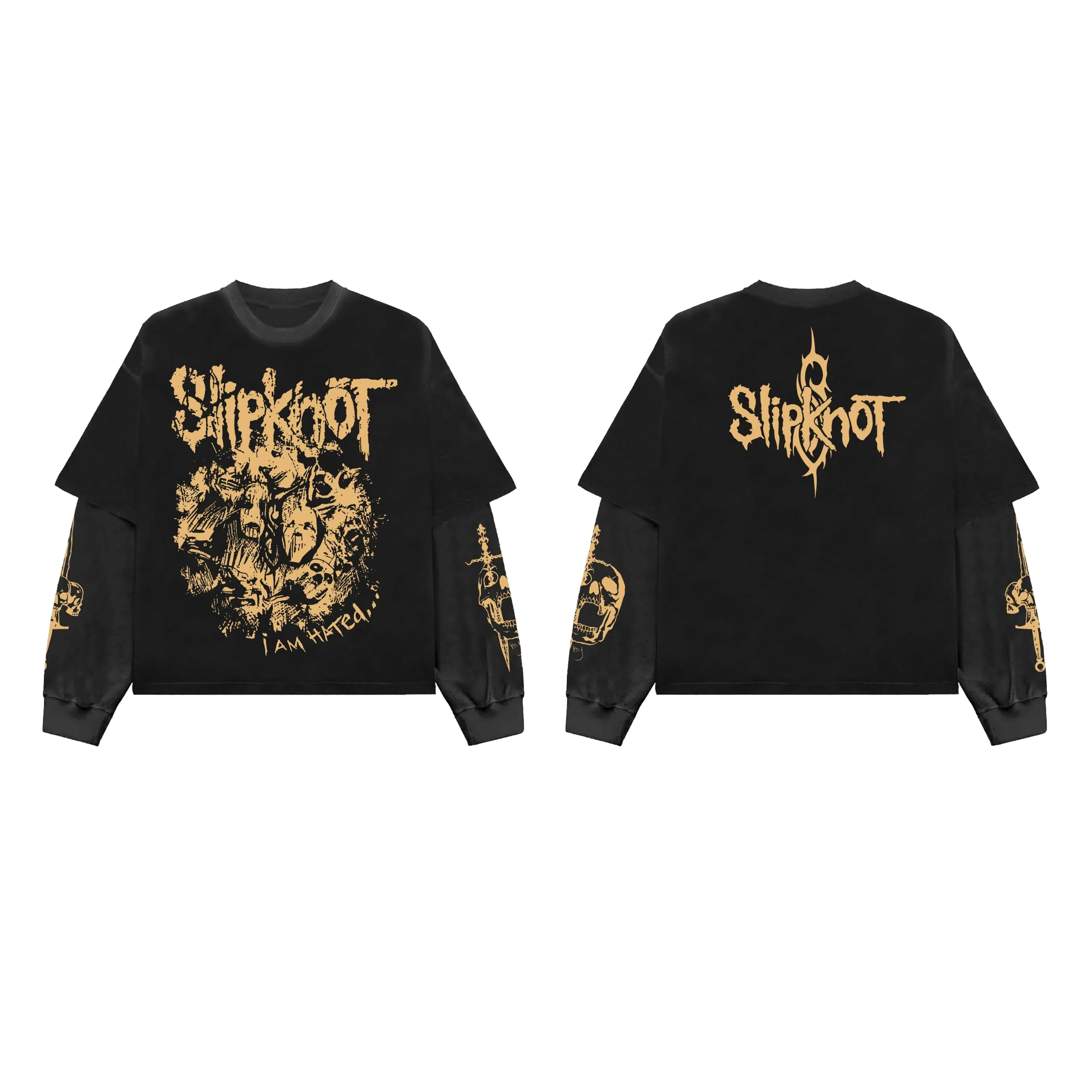 Black and grey Slipknot long-sleeve oversized T-shirt by MB with band logo and graphic design on the front.
