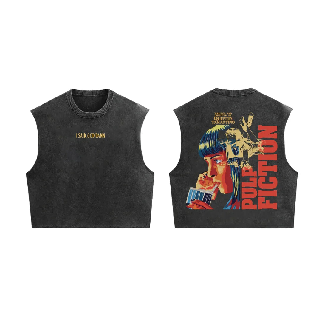 Acid wash oversized vest by Jnorss featuring a Pulp Fiction-inspired drip design, displayed on a hanger against a plain background.